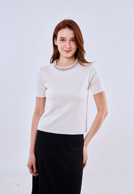 Mossimo Women's Off White Knitted Croptop with Rhinestone Detail