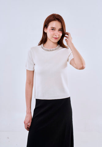 Mossimo Women's Off White Knitted Croptop with Rhinestone Detail