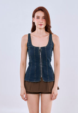 Mossimo Women's Denim Blue Vintage Fit Structured Zipper Top
