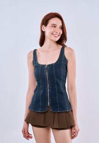 Mossimo Women's Denim Blue Vintage Fit Structured Zipper Top