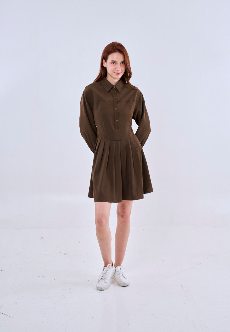 Mossimo Aurelia Brown Long Sleeves Pleated Mini Dress For Women