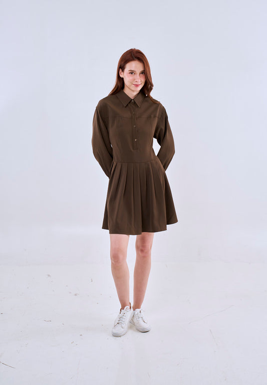 Mossimo Aurelia Brown Long Sleeves Pleated Mini Dress For Women