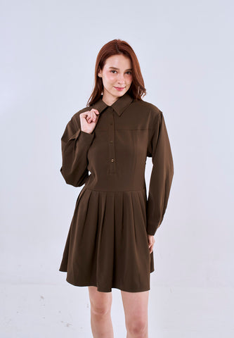 Mossimo Aurelia Brown Long Sleeves Pleated Mini Dress For Women