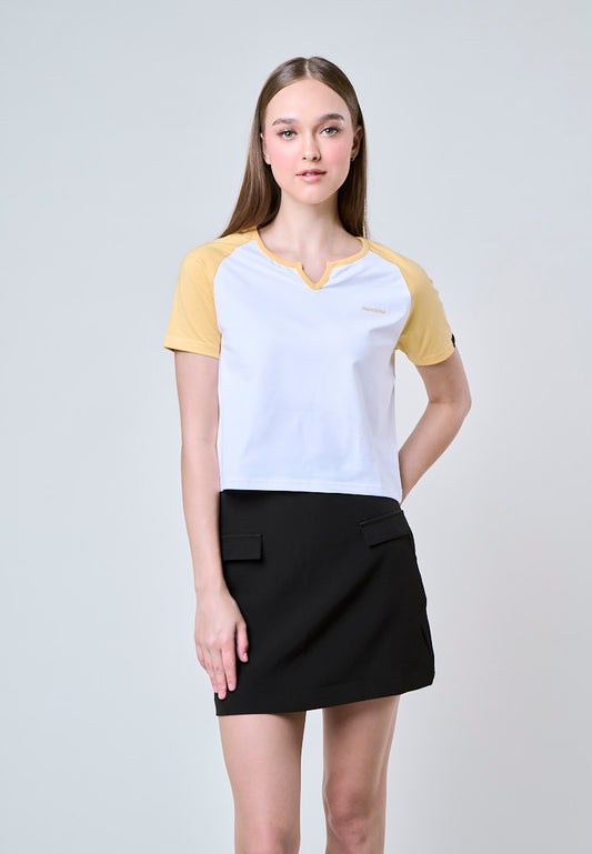Mossimo Isla White Yellow Raglan Classic Cropped Fit Tee