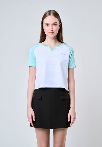 Mossimo Isla White Blue Raglan Classic Cropped Fit Tee