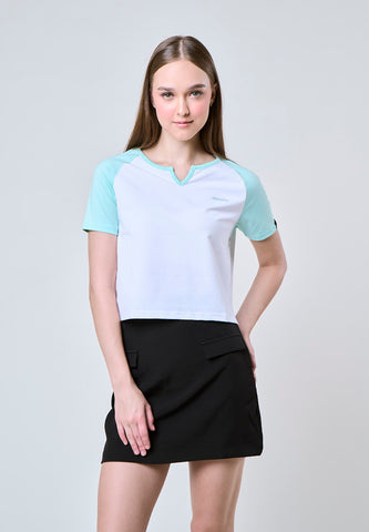 Mossimo Isla White Blue Raglan Classic Cropped Fit Tee