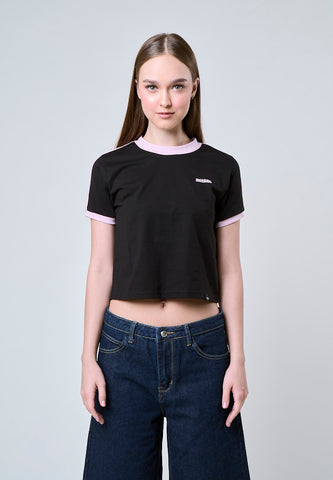 Mossimo Cleo Black Contrast Strip Classic Cropped Fit Tee