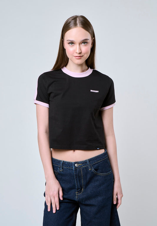 Mossimo Cleo Black Contrast Strip Classic Cropped Fit Tee