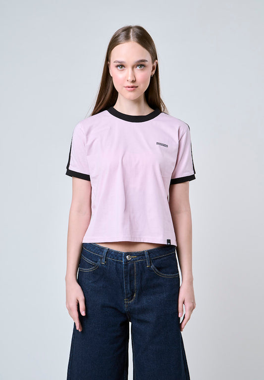 Mossimo Cleo Pink Contrast Strip Classic Cropped Fit Tee