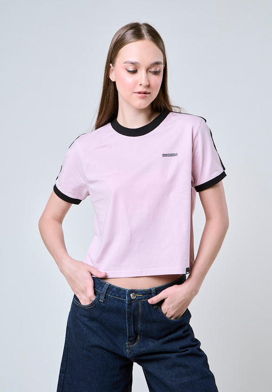 Mossimo Cleo Pink Contrast Strip Classic Cropped Fit Tee