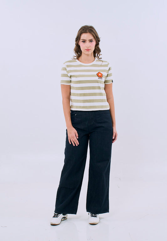 Mossimo Amaris Olive Striped Classic Cropped Fit Tee For Women