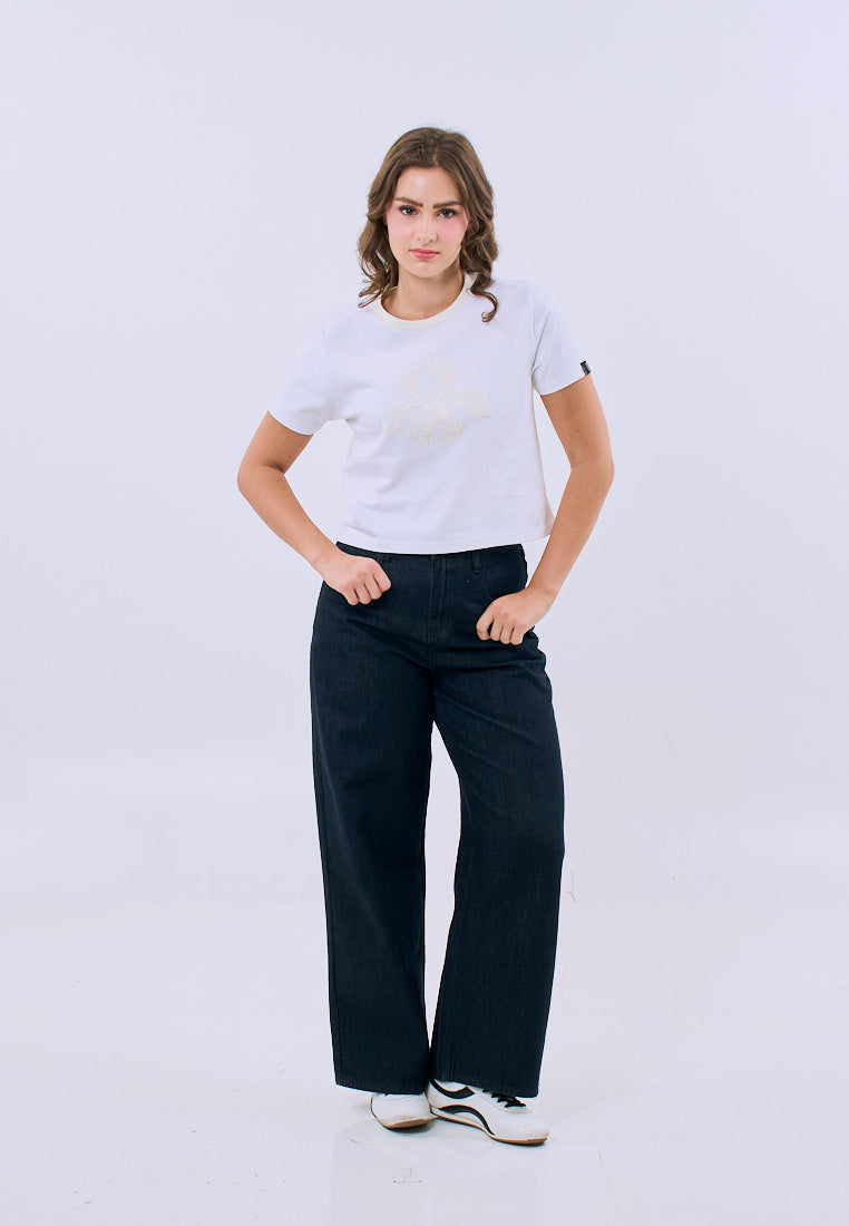 Mossimo Women's White with Big Floral Classic Cropped Fit Tee