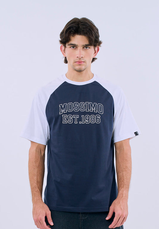 Mossimo Men's Navy Blue Raglan Comfort Fit Tee with Flocking Logo