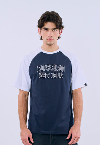 Mossimo Men's Navy Blue Raglan Comfort Fit Tee with Flocking Logo