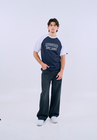 Mossimo Men's Navy Blue Raglan Comfort Fit Tee with Flocking Logo