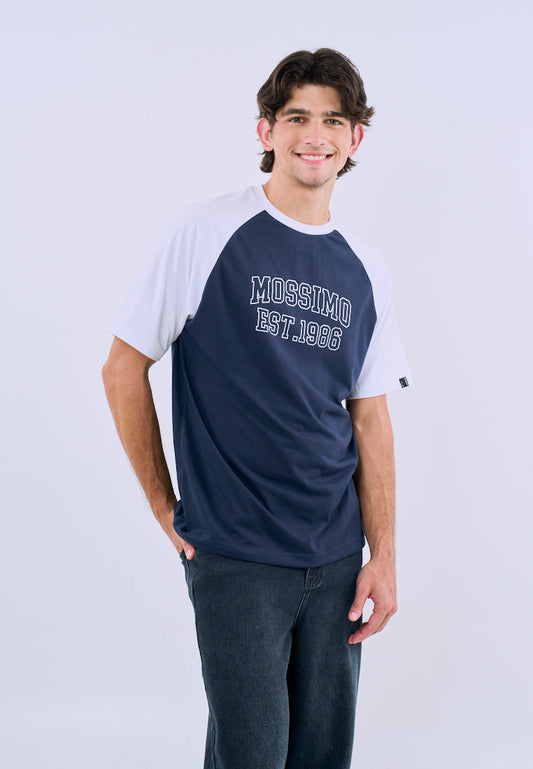 Mossimo Men's Navy Blue Raglan Comfort Fit Tee with Flocking Logo