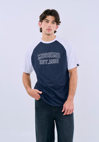 Mossimo Men's Navy Blue Raglan Comfort Fit Tee with Flocking Logo