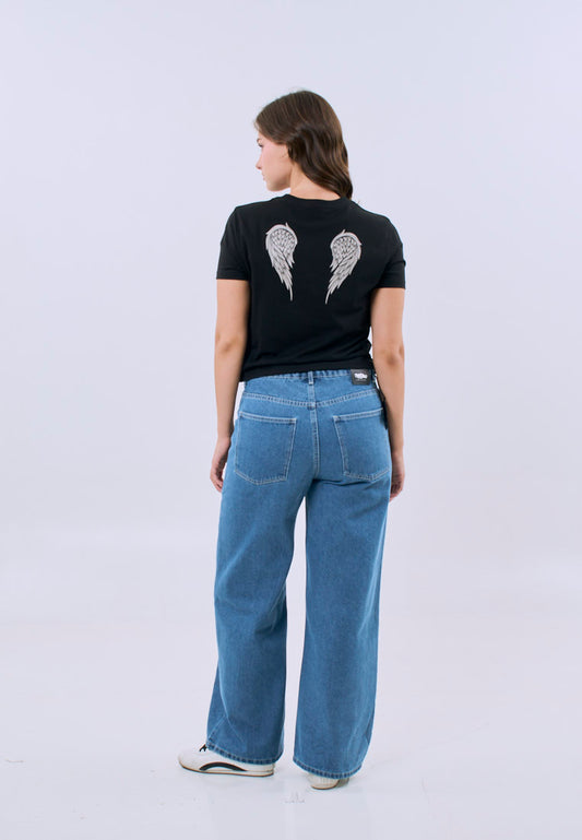 Mossimo Arianne Black Classic Cropped Fit Tee For Women w/ Back Print