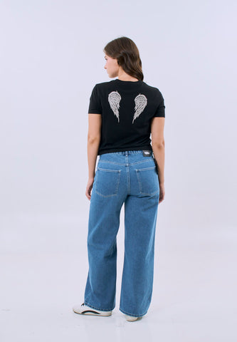Mossimo Arianne Black Classic Cropped Fit Tee For Women w/ Back Print