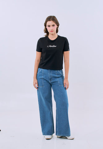 Mossimo Arianne Black Classic Cropped Fit Tee For Women w/ Back Print