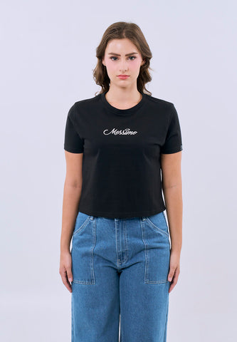 Mossimo Arianne Black Classic Cropped Fit Tee For Women w/ Back Print
