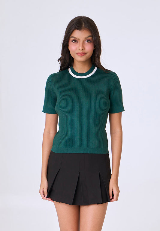 Mossimo Ayla Navy Green Knits Striped Cropped Top