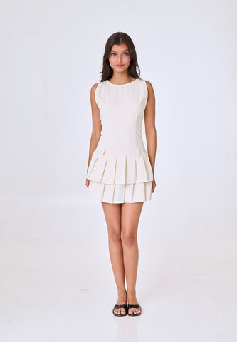 Mossimo Alaya Cream Boat Neck Pleated Mini Dress