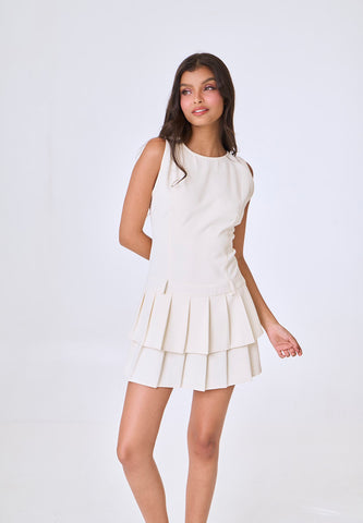 Mossimo Alaya Cream Boat Neck Pleated Mini Dress