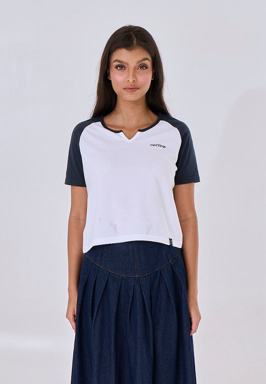 Mossimo Kiana White Raglan Classic Cropped Fit Tee