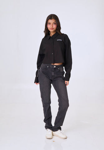 Mossimo Gracelyn Black Woven Classic Cropped Textured Polo