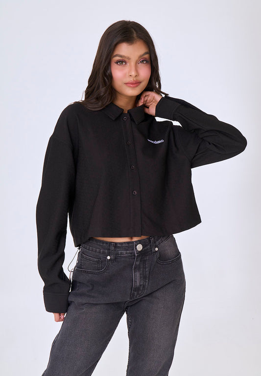 Mossimo Gracelyn Black Woven Classic Cropped Textured Polo