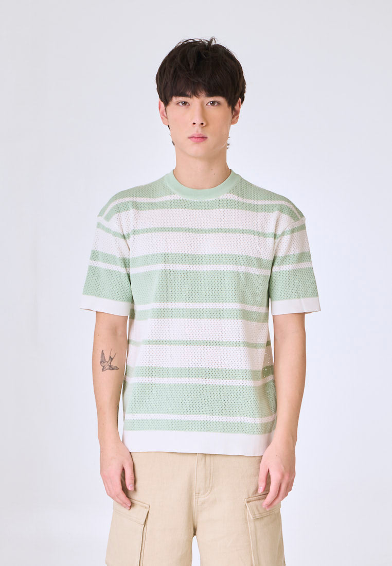 Mossimo Elion Green White Round Neck Classic Stripes Top