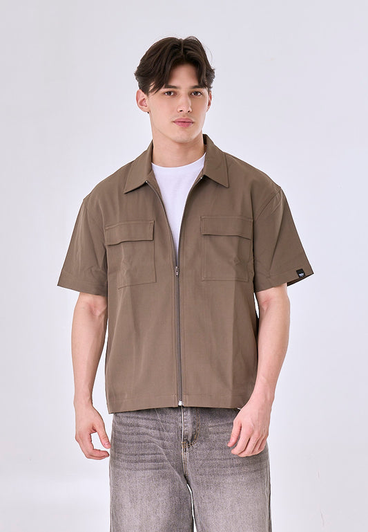 Mossimo  Cesar Brown Button Down Boxy Woven Short Sleeves w/Flap Pocket