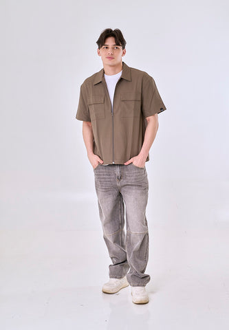 Mossimo  Cesar Brown Button Down Boxy Woven Short Sleeves w/Flap Pocket