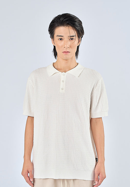 Mossimo Nash White Textured Flat Knit Classic Polo Tee