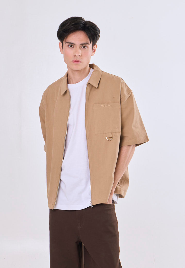 Mossimo Lionel Khaki Tailored Fit Zip Up Woven Short Sleeves Top For Men