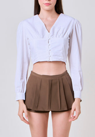 Joshelle White Woven V Neck Crop Top with Puff Sleeves