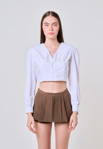 Joshelle White Woven V Neck Crop Top with Puff Sleeves