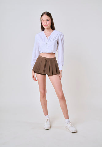 Joshelle White Woven V Neck Crop Top with Puff Sleeves