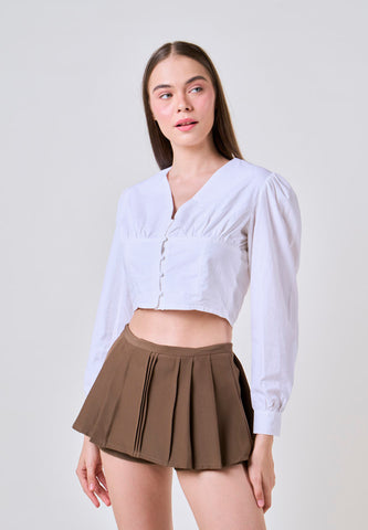 Joshelle White Woven V Neck Crop Top with Puff Sleeves