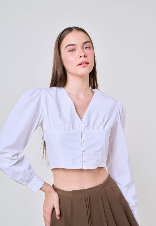 Joshelle White Woven V Neck Crop Top with Puff Sleeves