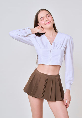 Joshelle White Woven V Neck Crop Top with Puff Sleeves