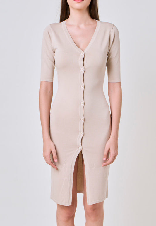 Roxanne Beige Knee Length Button Down Knit Dress