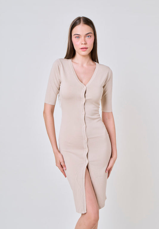 Roxanne Beige Knee Length Button Down Knit Dress