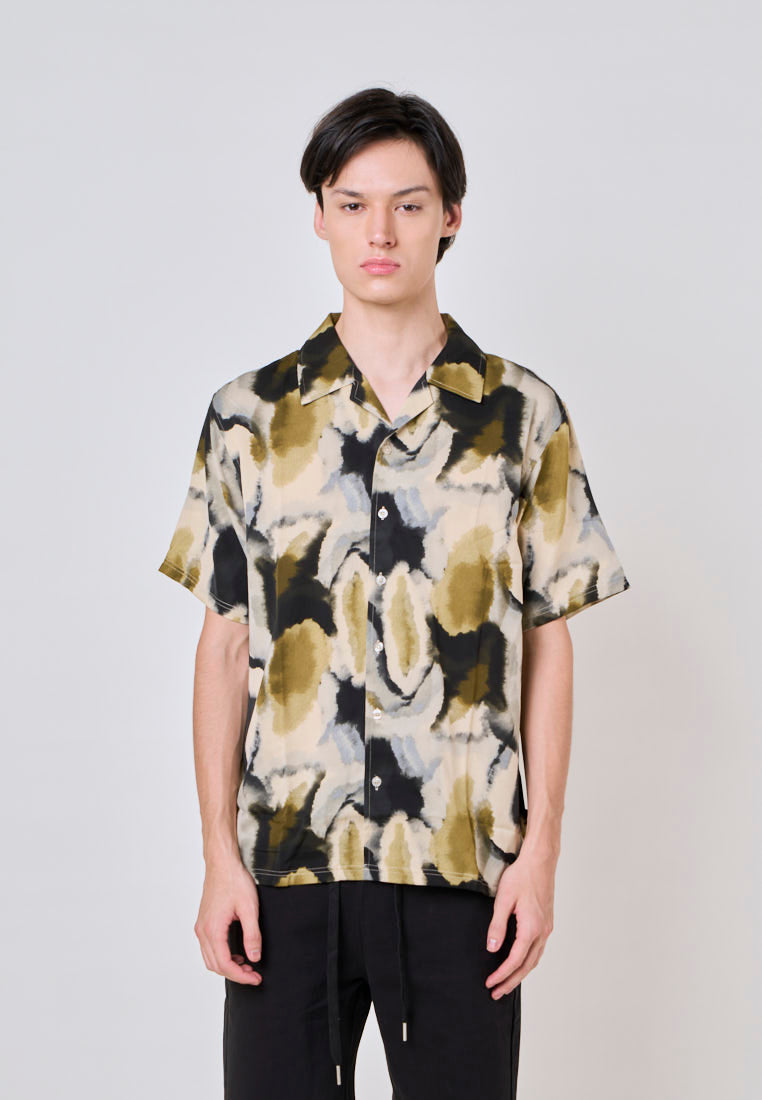 Mossimo Rael Black Green Buttondown Comfort Printed Woven Short Sleeves Top