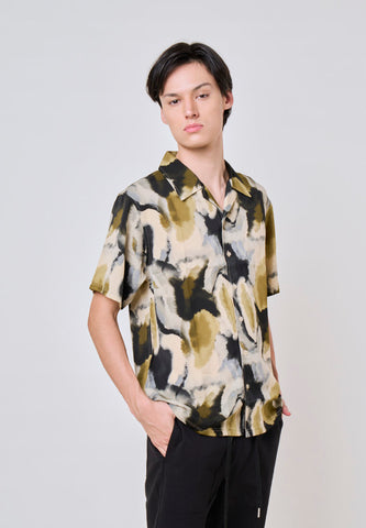Mossimo Rael Black Green Buttondown Comfort Printed Woven Short Sleeves Top