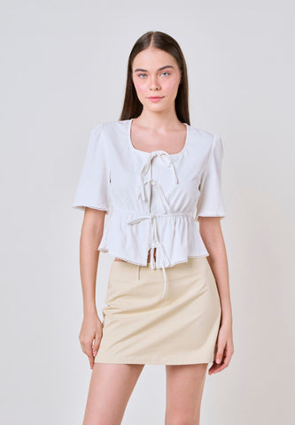 Mossimo Lucy White Self-Tie Peplum Woven Top w/ Lace