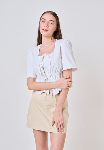 Mossimo Lucy White Self-Tie Peplum Woven Top w/ Lace