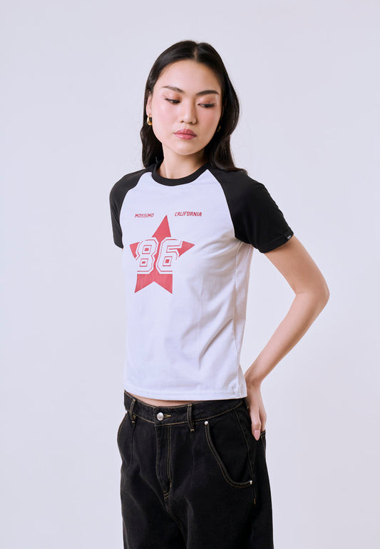 Mossimo Women's White Star Graphic 86 Logo Raglan Classic Fit Tee