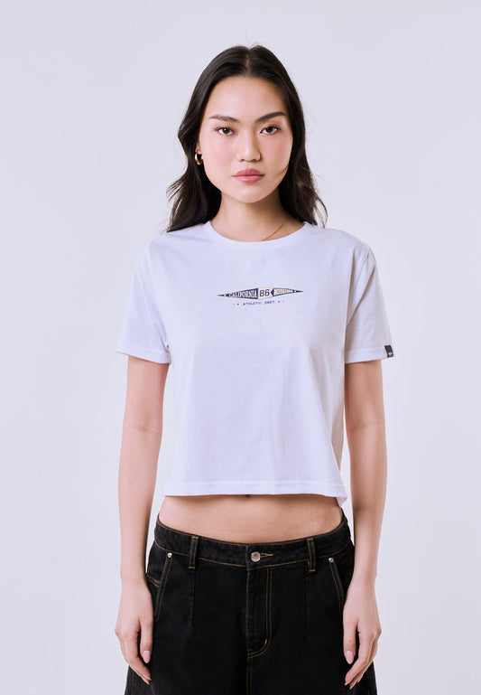 Mossimo Women's White Atlethic Dept Logo Classic Cropped Fit Tee